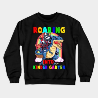 Ninja Unicorn Driving Dinosaur Roaring Into Kinder Garten Crewneck Sweatshirt